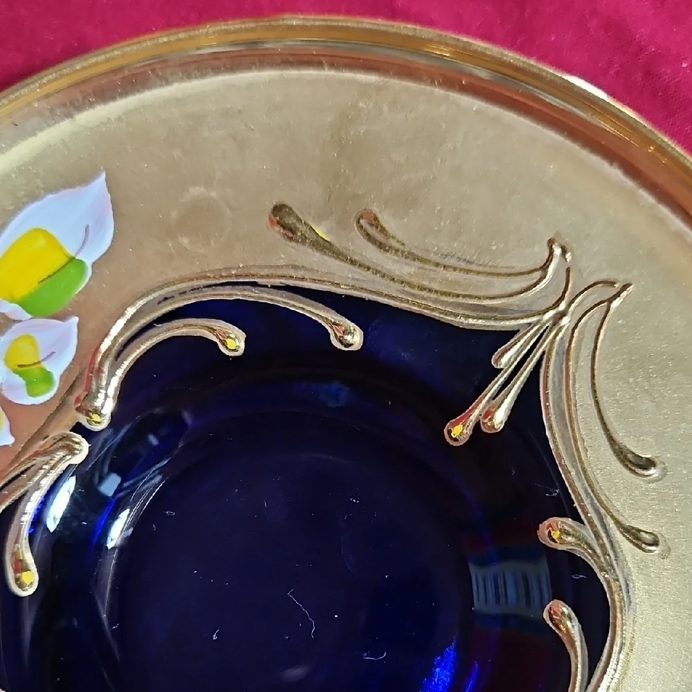 Vintage Venetian Art Glass High Enamel Cobalt Blue Gold Tea Cup Saucer Set of 2